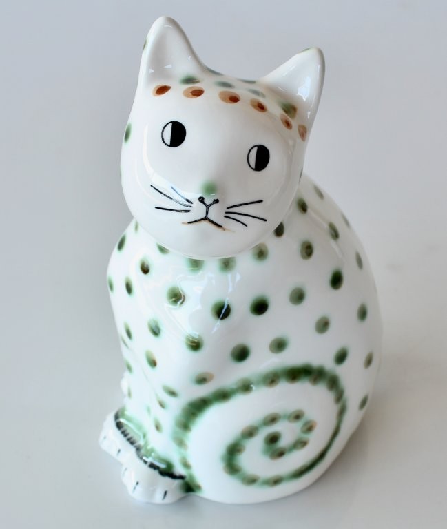 Green & White Spotted Ceramic Cat Curly Tail